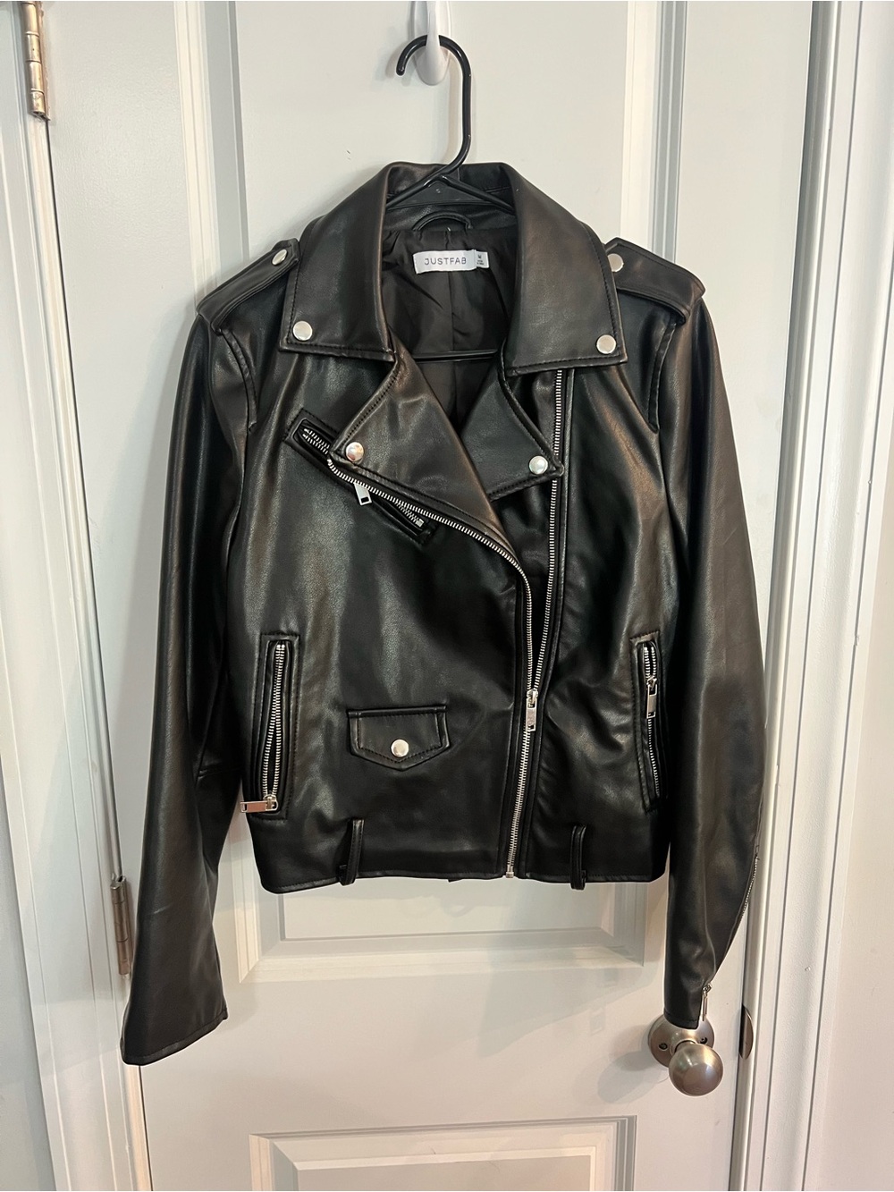JustFab pho Black Leather Moto Jacket with Silver Hardware